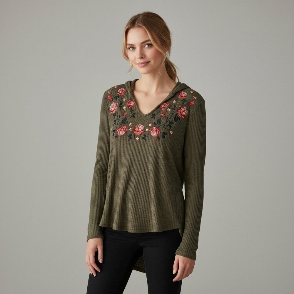 Anthropologie Olive Green Embroidered Floral Waffle Knit Hoodie Size Small - Picture 2 of 8